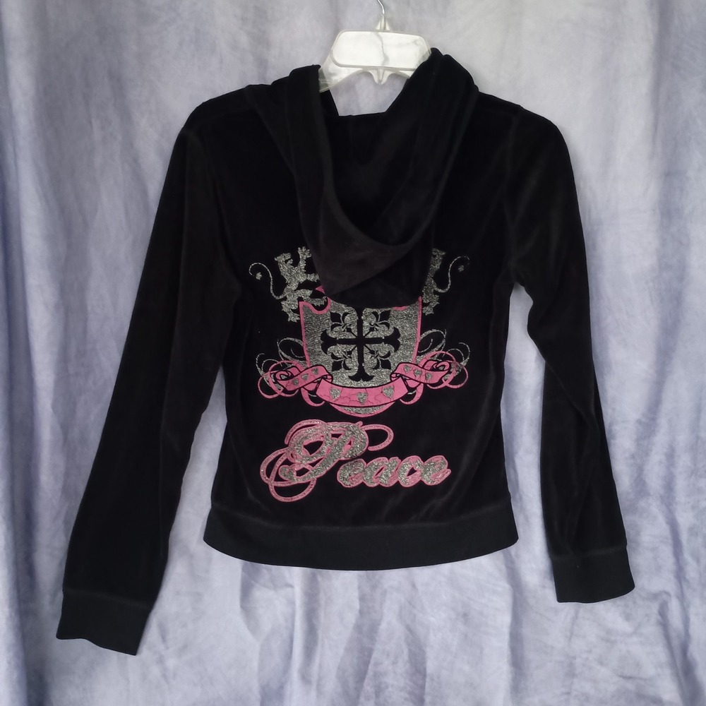 Zenana Outfitters Black Velour Peace Crest Zip Up Hoodie Large Y2K